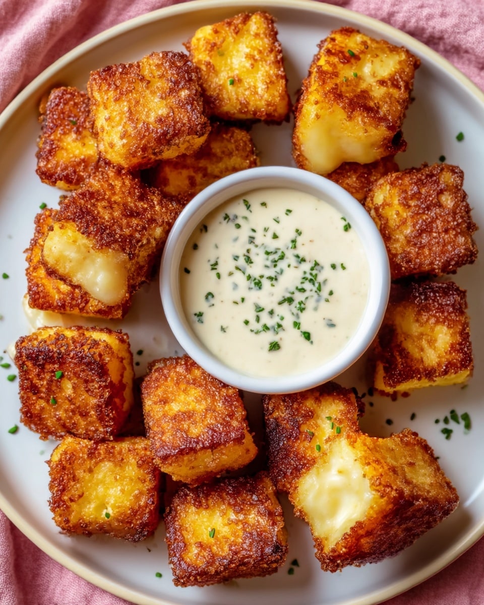 The image shows a round white plate filled with golden-brown, crispy cheese cubes arranged in a circle around a small white bowl of creamy, light yellow dipping sauce sprinkled with chopped green herbs. Each cheese cube has a crunchy, browned outer layer with a soft, creamy inside visible on a few pieces. The plate is placed on a pink cloth, and the background is a white marbled texture. Small green herbs are scattered lightly on the plate around the cheese cubes. Photo taken with an iphone --ar 4:5 --v 7