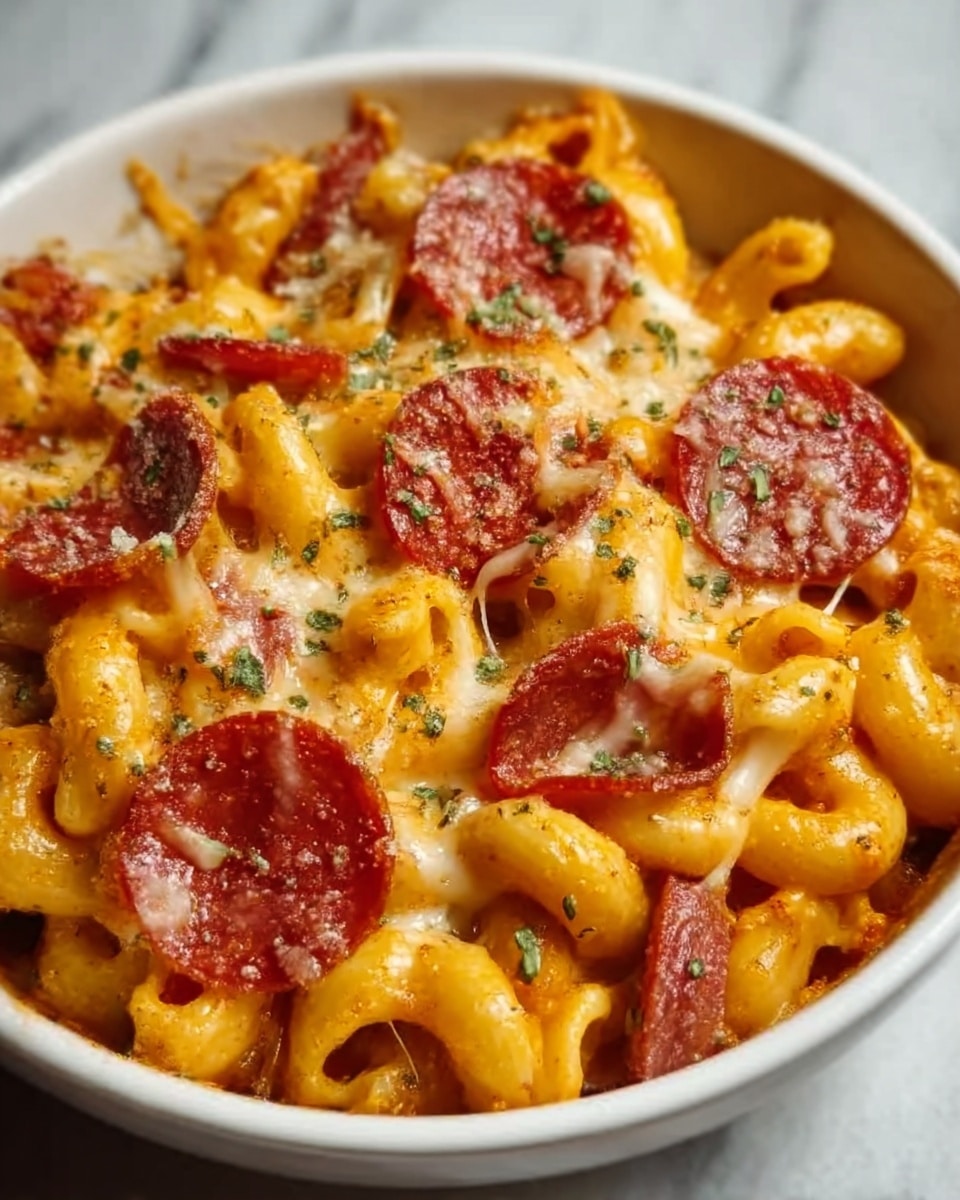 The image shows a close-up of a white bowl full of baked macaroni and cheese mixed with slices of pepperoni on top. The macaroni is golden yellow with melted cheese that looks creamy and bubbly, covering the pasta evenly. The pepperoni slices are reddish with slightly crispy edges, scattered on the top layer. The cheese is lightly browned in some areas, giving a rich and gooey texture. The background is a white marbled surface. photo taken with an iphone --ar 4:5 --v 7