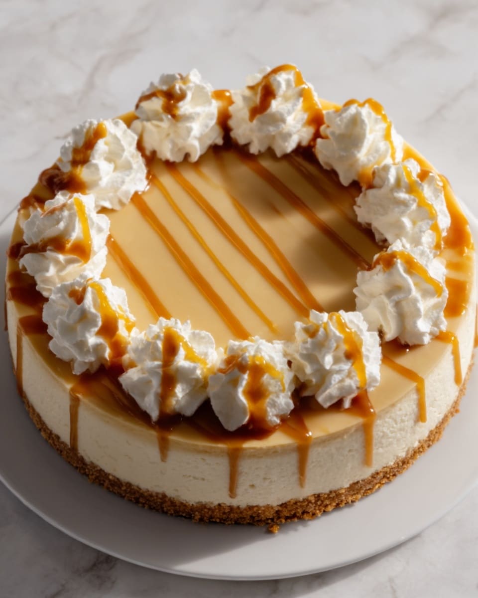 A round cheesecake with a smooth, light brown caramel layer on top is placed on a white plate. The cheesecake has a thick, creamy beige base with a crumbly crust at the bottom. Around the edge, there are eight evenly spaced swirls of white whipped cream, each topped with a drizzle of golden caramel sauce. The surface underneath the plate is a white marbled texture. The photo taken with an iphone --ar 4:5 --v 7