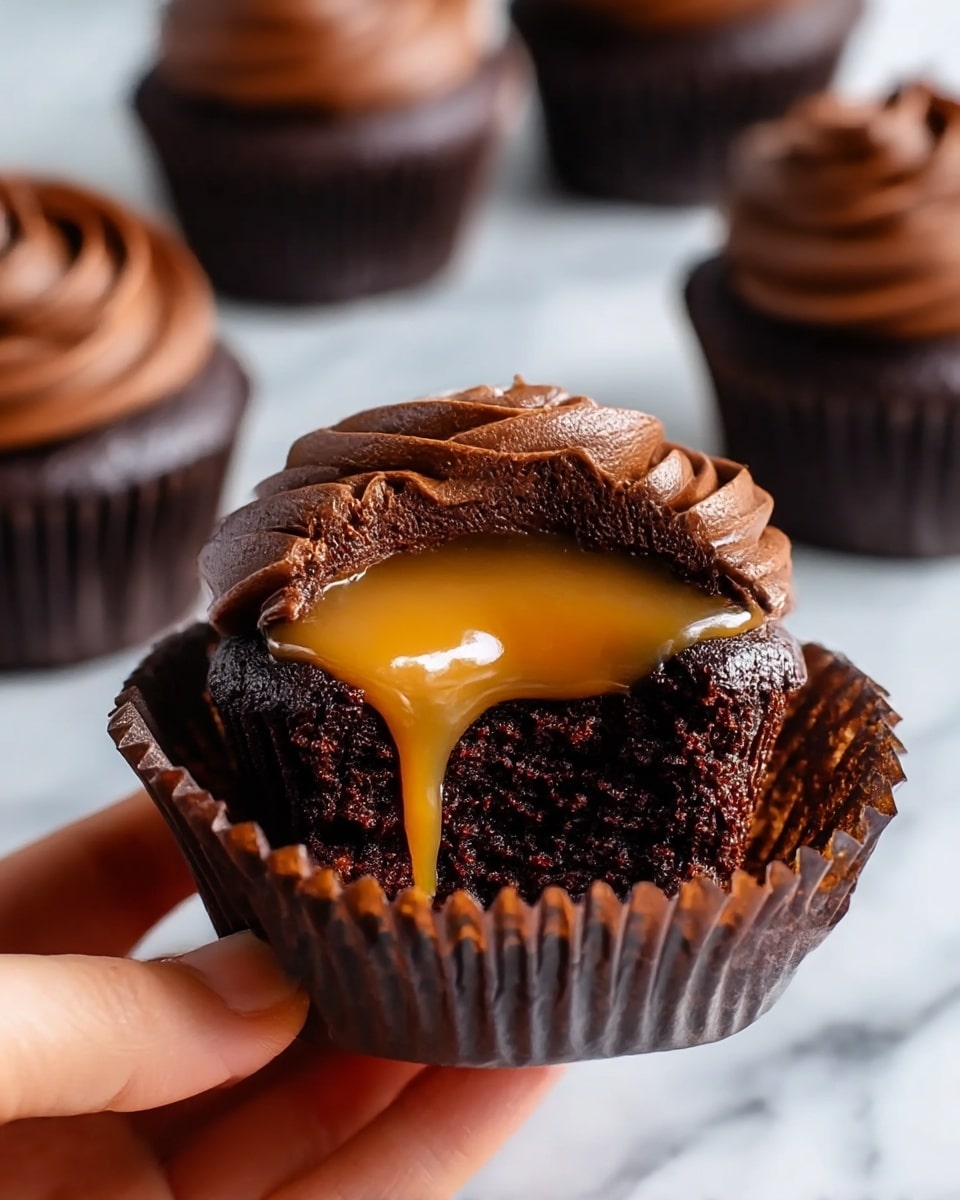 A rich dark chocolate cupcake with one layer of moist chocolate cake is shown with the top bitten off, revealing a golden caramel filling inside. On top, there is one thick ring of smooth, swirled chocolate frosting in a medium brown color, forming a circular border around the glossy caramel center. The cupcake liner is dark brown and partially peeled back, held gently by a woman's hand against a white marbled surface. In the blurred background, more cupcakes with the same frosting and caramel topping are visible. photo taken with an iphone --ar 4:5 --v 7