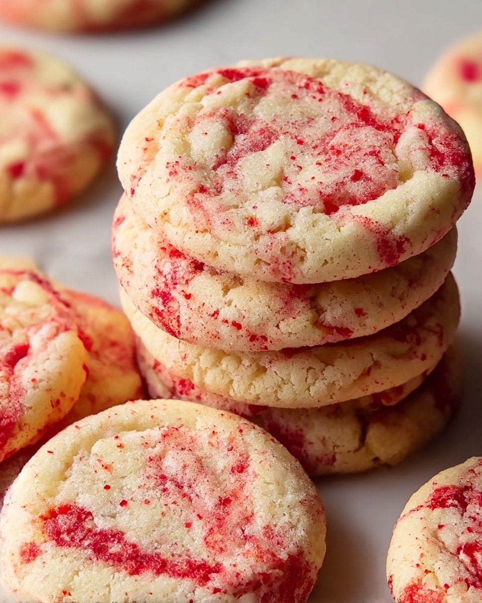 A close-up of soft, round cookies stacked in the middle with five more flat cookies placed around them on a white surface with a white marbled texture; each cookie has a pale cream base with a soft, slightly cracked texture, and is covered with swirls and speckles of bright red strawberry pieces and dust, giving a marbled effect of red and cream all over. photo taken with an iphone --ar 4:5 --v 7