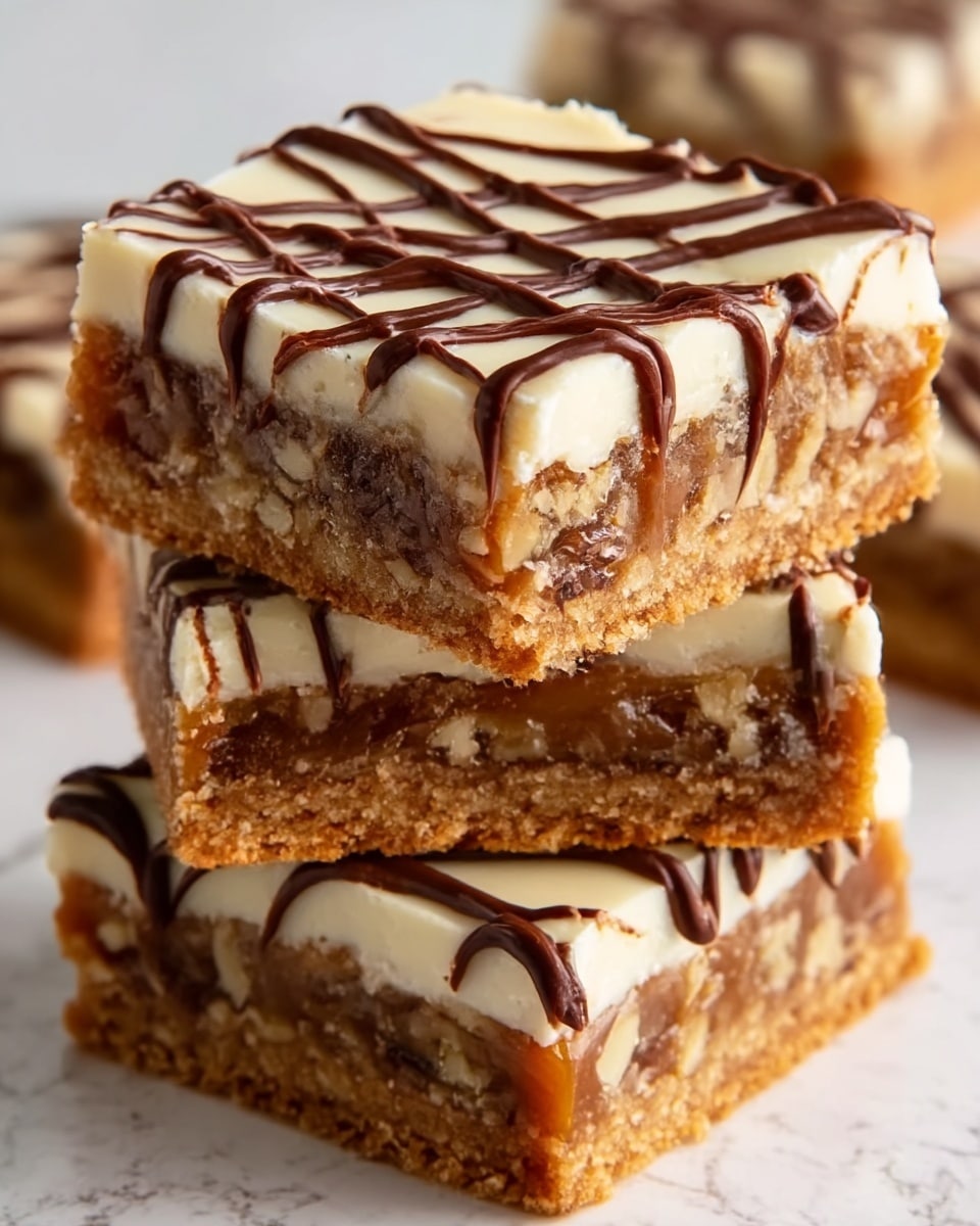 Three square dessert bars stacked on top of each other, each showing three distinct layers: a bottom layer that looks crumbly and golden brown, a middle layer with a gooey, darker brown filling mixed with small nut pieces, and a top layer of smooth, creamy white frosting with dark brown chocolate drizzle in thin, wavy lines. The edges of the bars are slightly rough, showing the textures clearly. The background is a white marbled surface. Photo taken with an iphone --ar 4:5 --v 7