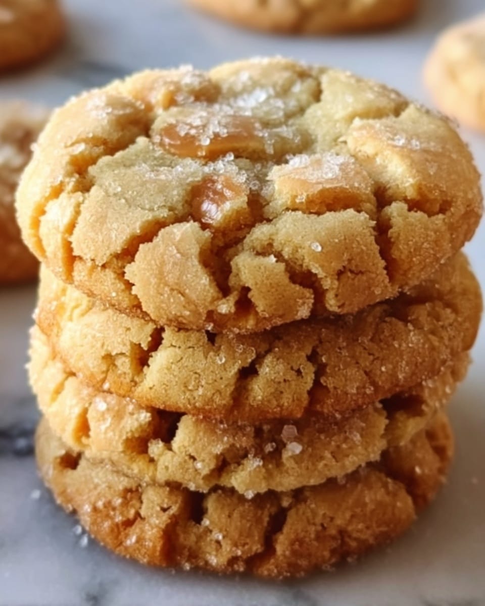 The image shows a close-up of a single soft cookie with a cracked surface and a golden-brown color, topped with small flakes of white sea salt. The cookie has a slightly rough texture with visible cracks and creases, appearing warm and freshly baked. It sits on a white marbled surface, with a blurred background of more similar cookies behind it, giving a cozy and inviting feel. Photo taken with an iphone --ar 4:5 --v 7