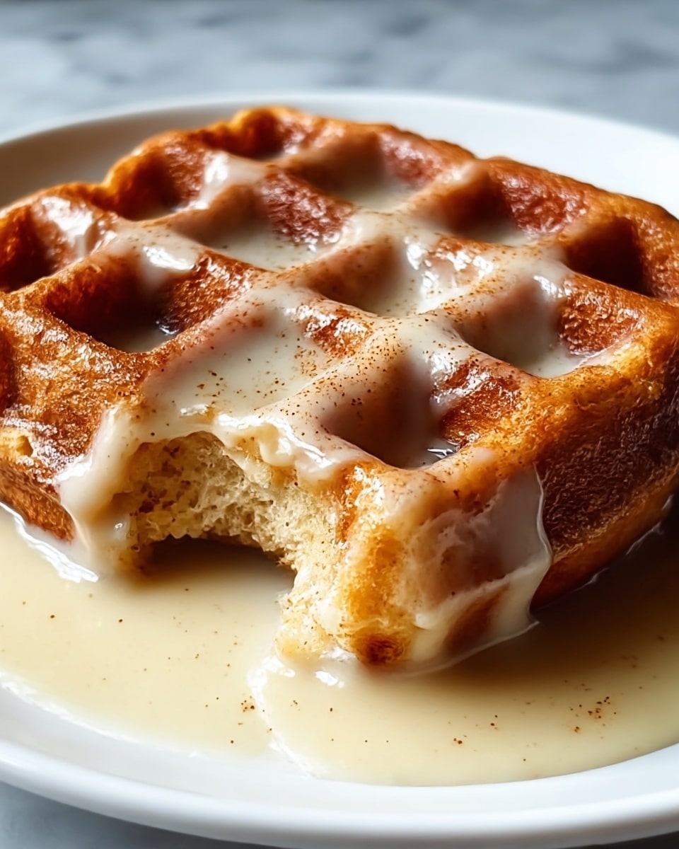 A close-up image of a single waffle piece on a white plate with ridged edges, set against a white marbled surface. The waffle has a golden-brown color with deep grid patterns and a slightly crisp texture visible on the edges. It is topped generously with a creamy light beige sauce that flows down the waffle’s crevices and pools on the plate, showing a smooth and glossy texture. There is a light sprinkling of cinnamon powder on the waffle and sauce, adding specks of warm brown color. The overall look is warm, soft, and inviting. photo taken with an iphone --ar 4:5 --v 7