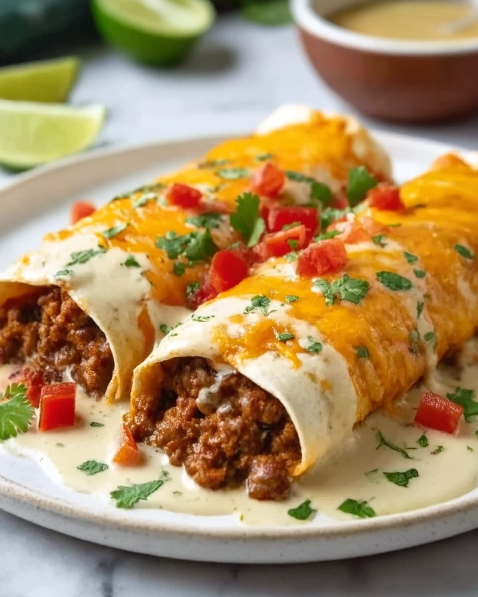 Two enchiladas lie side by side on a white plate with a speckled pattern, placed on a white marbled surface. The enchiladas have three visible layers: the bottom is a golden-brown tortilla wrapped around a reddish meat filling, the middle layer is melted white cheese sauce covering them generously, and the top layer is bright orange cheese melted over the white sauce. Small diced red tomatoes and chopped green cilantro leaves are sprinkled over the sauce, adding a fresh pop of color. A wedge of lime and some blurred vegetables appear in the background. Photo taken with an iphone --ar 4:5 --v 7
