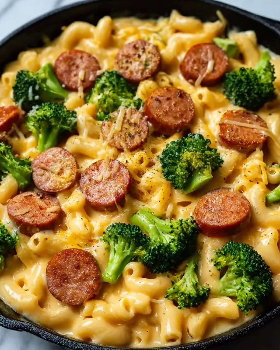 The image shows a close-up of a skillet with creamy macaroni and cheese mixed with slices of cooked sausage and bright green broccoli florets. The macaroni is covered in thick, melted yellow-orange cheese sauce, with the sausage pieces scattered evenly on top and the broccoli arranged in small clusters throughout. The texture of the cheese looks smooth and gooey, blending with the soft pasta beneath. The broccoli adds a fresh and slightly rough texture, while the sausage slices have a browned, slightly crispy edge. The skillet rests on a white marbled texture. Photo taken with an iphone --ar 4:5 --v 7