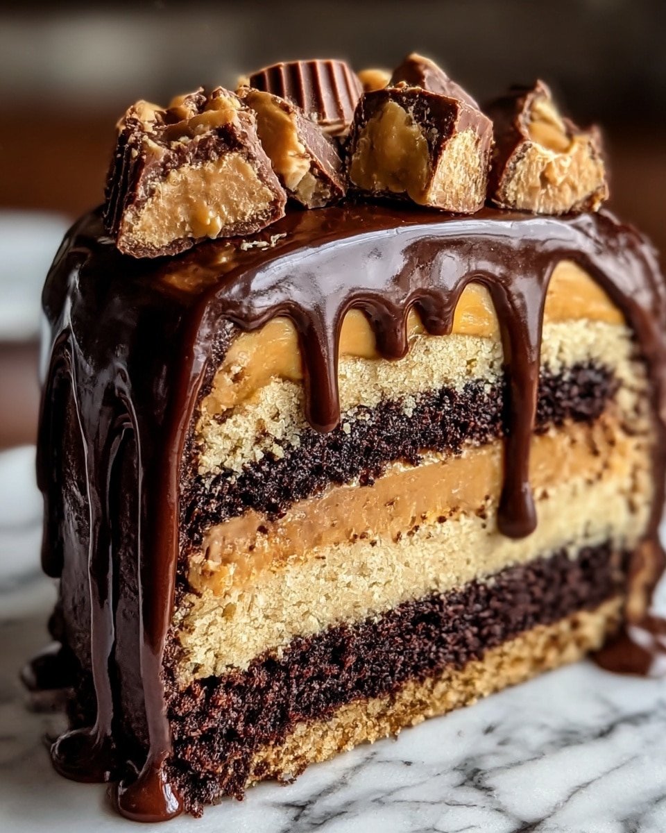 A close-up of a round cake slice showing five layers: the bottom layer is dark brown chocolate cake with a rough texture, followed by a light beige creamy layer. Above this is another dark chocolate cake layer, then a dripping caramel or peanut butter creamy layer. The top layer is again dark chocolate cake covered in thick, shiny dark chocolate glaze that drips down the sides, topped with scattered chunks of light brown nuts or candy. The cake sits on a smooth surface with some of the dark glaze pooling around the base. Photo taken with an iphone --ar 4:5 --v 7