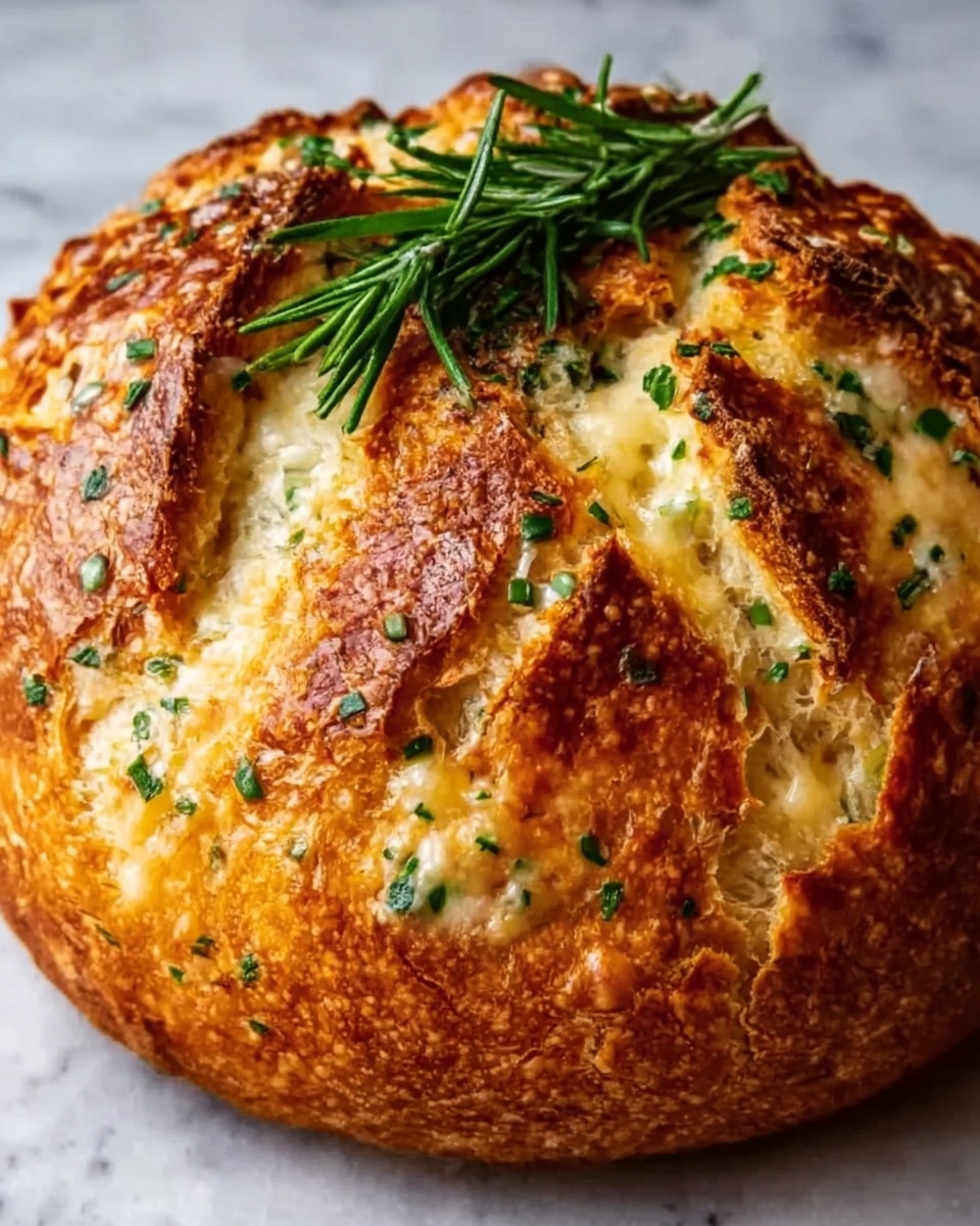 A round loaf of bread with a golden-brown crust shows deep cuts on the surface, revealing a soft, creamy yellow inside. The bread is topped with small green herb pieces and coarse salt crystals, giving it a fresh and textured look. A bright green sprig of rosemary rests on top of the loaf. The loaf sits on crumpled parchment paper, all set on a white marbled surface. Photo taken with an iphone --ar 4:5 --v 7
