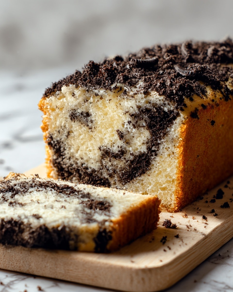 A loaf cake with a light golden brown crust and creamy white interior is shown sliced, revealing dark brown Oreo cookie pieces mixed throughout the inside, creating a marbled pattern. The top of the cake has crushed Oreo bits scattered unevenly, adding texture, all resting on a wooden board with some Oreo crumbs around. The close-up view highlights the soft, fluffy texture of the cake contrasted with the crumbs from the cookies. The background is a white marbled surface. photo taken with an iphone --ar 4:5 --v 7