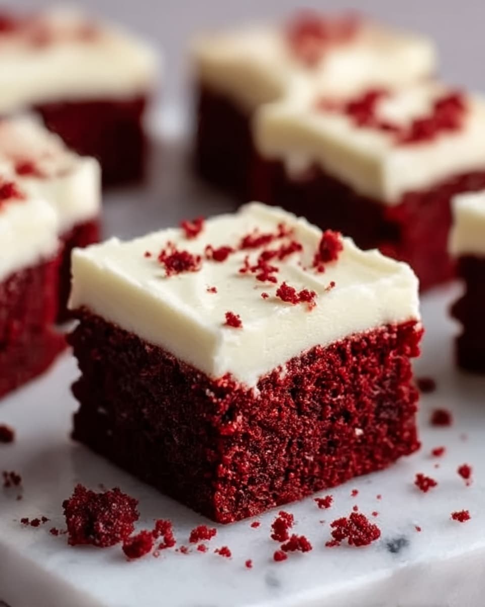 The image shows a close-up of a square slice of red velvet cake with two visible layers. The bottom layer is thick and dark red with a soft, moist texture. The top layer is a thick, smooth, and creamy white frosting spread evenly over the cake. Small red cake crumbs are sprinkled on top of the frosting for decoration. The cake pieces are placed on a white marbled surface, and the background is softly blurred, making the cake the main focus. Photo taken with an iphone --ar 4:5 --v 7