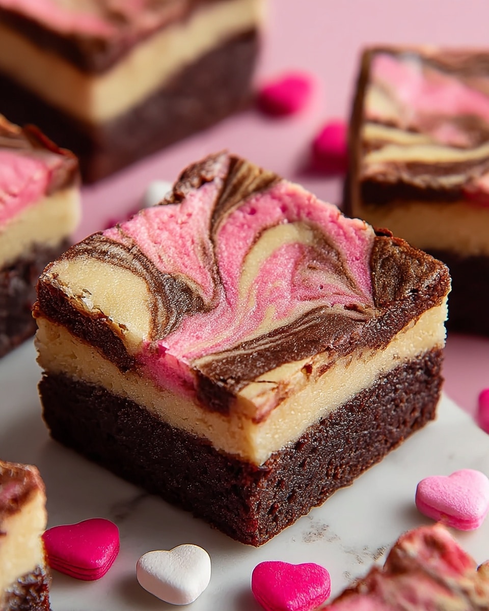 The image shows a close-up of a square brownie with three visible layers: the bottom layer is a dense, dark brown chocolate base with a fudgy texture; the middle layer features a creamy, light beige color with swirls of bright pink and dark brown creating a marbled pattern; the top layer has a cracked, dry chocolate crust with a rough texture. The brownie pieces are on a white marbled surface, with soft pink and white heart-shaped decorations blurred in the background. photo taken with an iphone --ar 4:5 --v 7