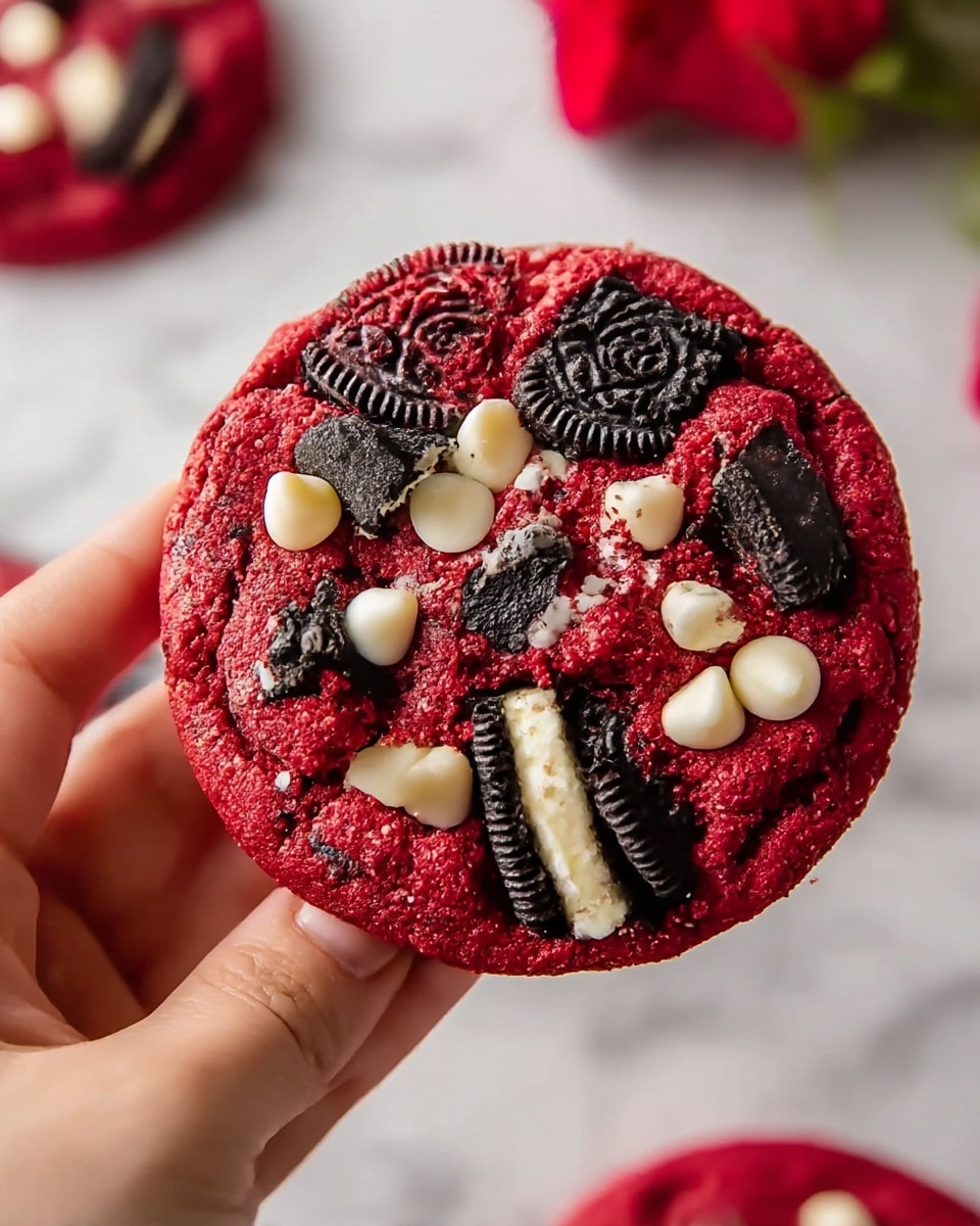 A close-up of a round, red velvet cookie held by a woman's hand, showing a rich red base with a soft, slightly cracked texture. On top, there are chunks of dark black-and-white sandwich cookies embedded, some broken to reveal creamy white filling. White chocolate chips are scattered around, melting slightly into the red surface, adding a creamy contrast to the deep red and dark black colors. The background shows more cookies slightly out of focus on a white marbled texture with a blurred touch of red roses, enhancing the red and white theme. Photo taken with an iphone --ar 4:5 --v 7