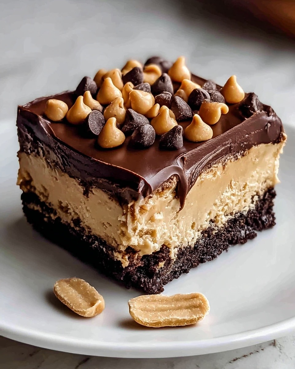 The image shows a square piece of dessert with three visible layers placed on a white plate over a white marbled surface. The bottom layer is dark and dense, looking like chocolate cake or brownie. The middle layer is creamy light brown with a smooth texture and bit of chocolate pieces mixed in. The top layer is a thick, glossy dark chocolate ganache spread evenly. On top of this chocolate layer are scattered caramel-colored dollops and dark chocolate chips, adding texture and contrast. Two caramel dollops sit on the plate next to the dessert, enhancing the visual appeal. photo taken with an iphone --ar 4:5 --v 7