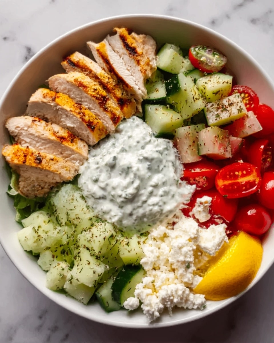 A white bowl sits on a white marbled surface filled with a colorful salad arranged in neat sections. Starting from the bottom left, grilled chicken slices with grill marks are placed close together, showing a light brown color with a slightly charred texture. Moving up, diced cucumber pieces are light green with dark green skin, sprinkled lightly with black pepper. Next to the cucumber, finely chopped red onions add a purple hue. To the right of the onions, bright red tomato slices are stacked, seasoned with herbs. In the center, a dollop of creamy white cottage cheese rests atop the other layers, adding a soft texture. A lemon wedge sits on the bottom right, adding a splash of yellow color. photo taken with an iphone --ar 4:5 --v 7