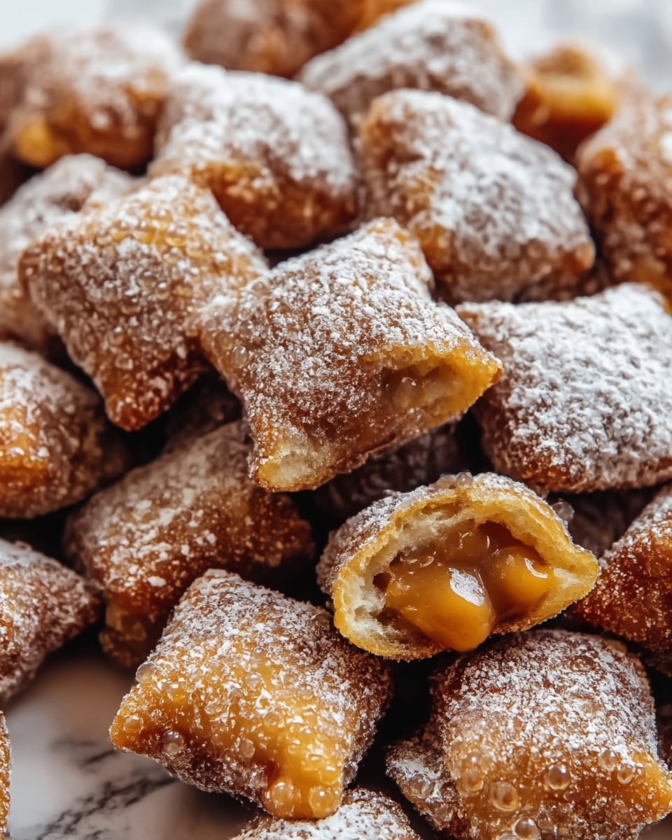 A close-up view of many small square-shaped fried pastries stacked together, each with a light brown crispy outer shell covered in a dusting of white powdered sugar. One pastry is cut open near the center showing a smooth, glossy caramel filling inside with a rich golden color. The pastries have a rough texture from frying, and the powdered sugar creates a contrast with the golden brown dough. The scene is set against a soft white marbled surface. photo taken with an iphone --ar 4:5 --v 7