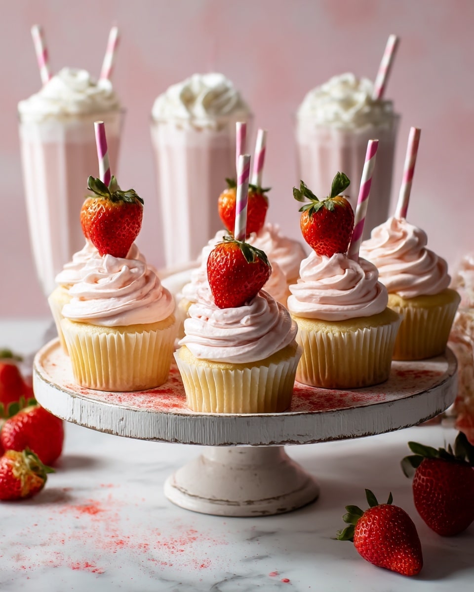 A white cupcake stand holds seven yellow cupcakes wrapped in white liners, each topped with a swirl of light pink frosting. Every frosting swirl has a half strawberry with green leaves on top and a pink-and-white striped paper straw inserted at an angle. Red powder is lightly sprinkled on the cupcakes and the stand. In the background, three tall glasses filled with layered pink and white milkshakes topped with whipped cream stand on a white marbled surface, with two whole strawberries nearby. The background is soft pink, creating a sweet and bright scene. photo taken with an iphone --ar 4:5 --v 7