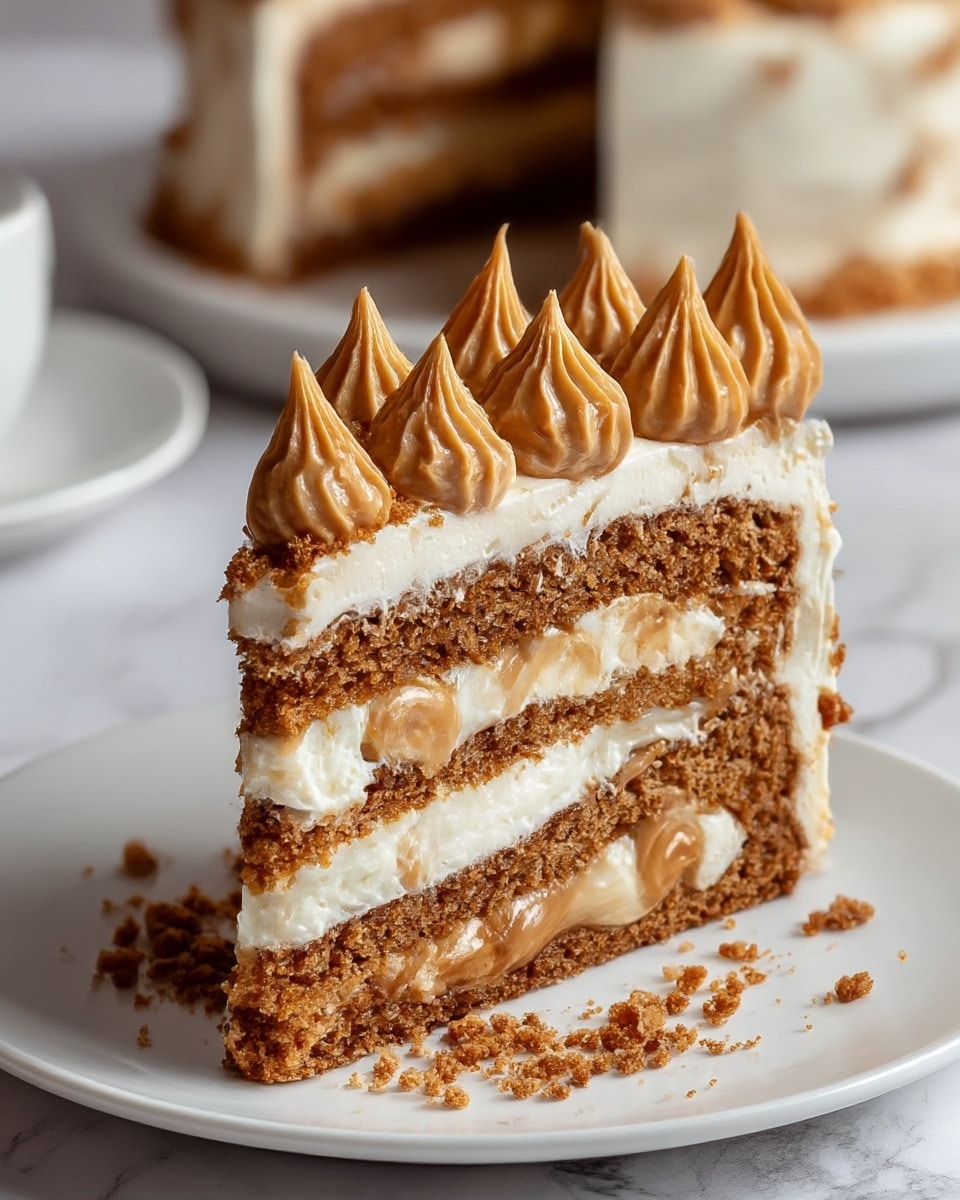 The image shows a slice of layered cake on a white plate, placed on a white marbled surface. The slice has three layers of moist brown cake, separated by two layers of white cream with dollops of light caramel cream swirled inside. The top of the slice is covered with a thick layer of white cream, decorated with seven peaks of light caramel cream, each sprinkled with fine brown crumbs. Crumbs of the brown cake are scattered on the plate near the slice, adding texture and detail. In the background, there is a partially visible larger cake on a white plate. Photo taken with an iphone --ar 4:5 --v 7