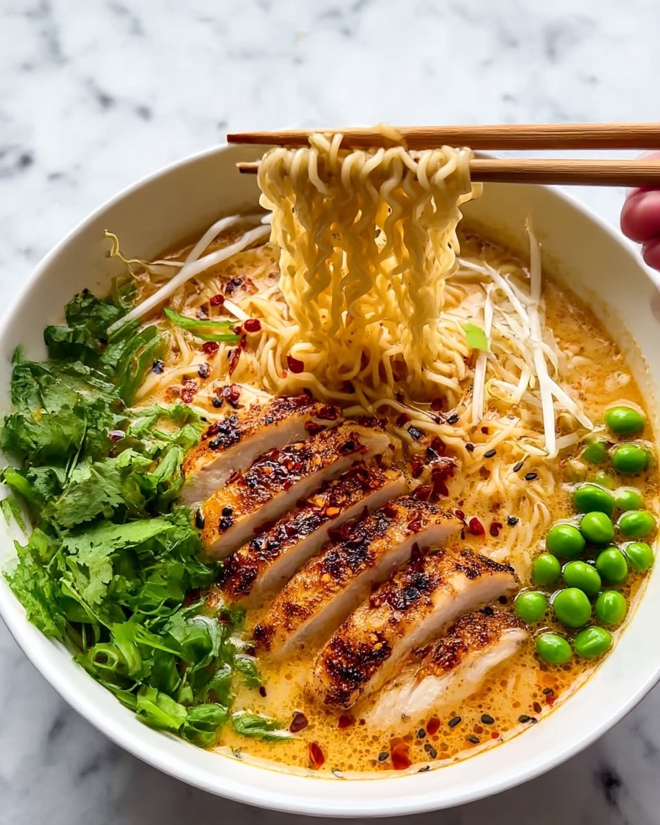 A white bowl filled with creamy orange broth as the base layer, with a layer of sliced grilled chicken topped with black sesame seeds and red chili flakes placed on one side. Above the broth and chicken, there are bright green peas and sliced green onions, while fresh cilantro leaves and bean sprouts add a touch of green and white on the opposite side. A pair of chopsticks held by a woman's hand lifts a portion of light brown noodles from the center, showing their thin and slightly curly texture. The entire scene is set on a white marbled texture. photo taken with an iphone --ar 4:5 --v 7