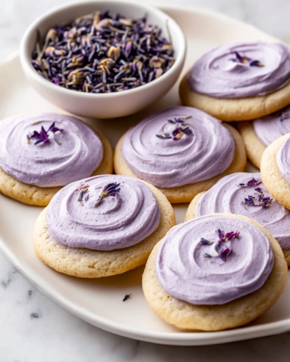 The image shows several round cookies arranged on a white plate, each topped with one thick layer of smooth, light purple frosting swirled in a circular pattern. The cookies have a golden-brown color and a slightly textured surface with small specks visible. Small dried lavender flowers are sprinkled gently on top of the frosting, adding a delicate touch. In the background, a bowl filled with dried lavender and a white flower rest on a white marbled surface. Photo taken with an iphone --ar 4:5 --v 7