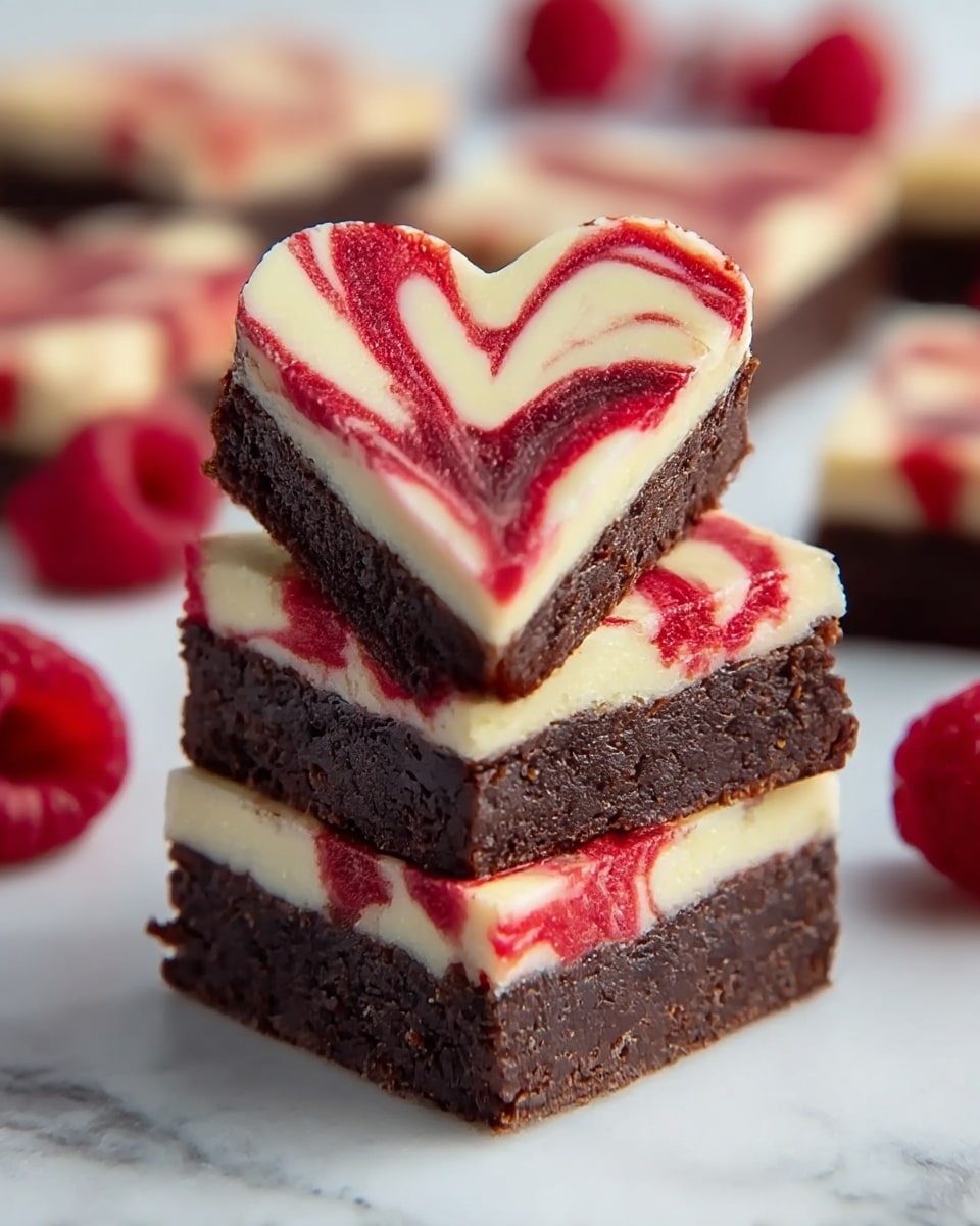 The image shows two pieces of dessert stacked on a white marbled surface. Each piece has two layers: a thick dark brown chocolate brownie base with a slightly crumbly texture, and a top layer of creamy white cheesecake swirled with red, forming a marbled pattern. The top piece is cut into a heart shape, showing the swirls clearly, while the bottom one is square with similar swirls on top. In the background, more pieces of the same dessert with red raspberries scattered around can be seen, softly blurred. Photo taken with an iphone --ar 4:5 --v 7