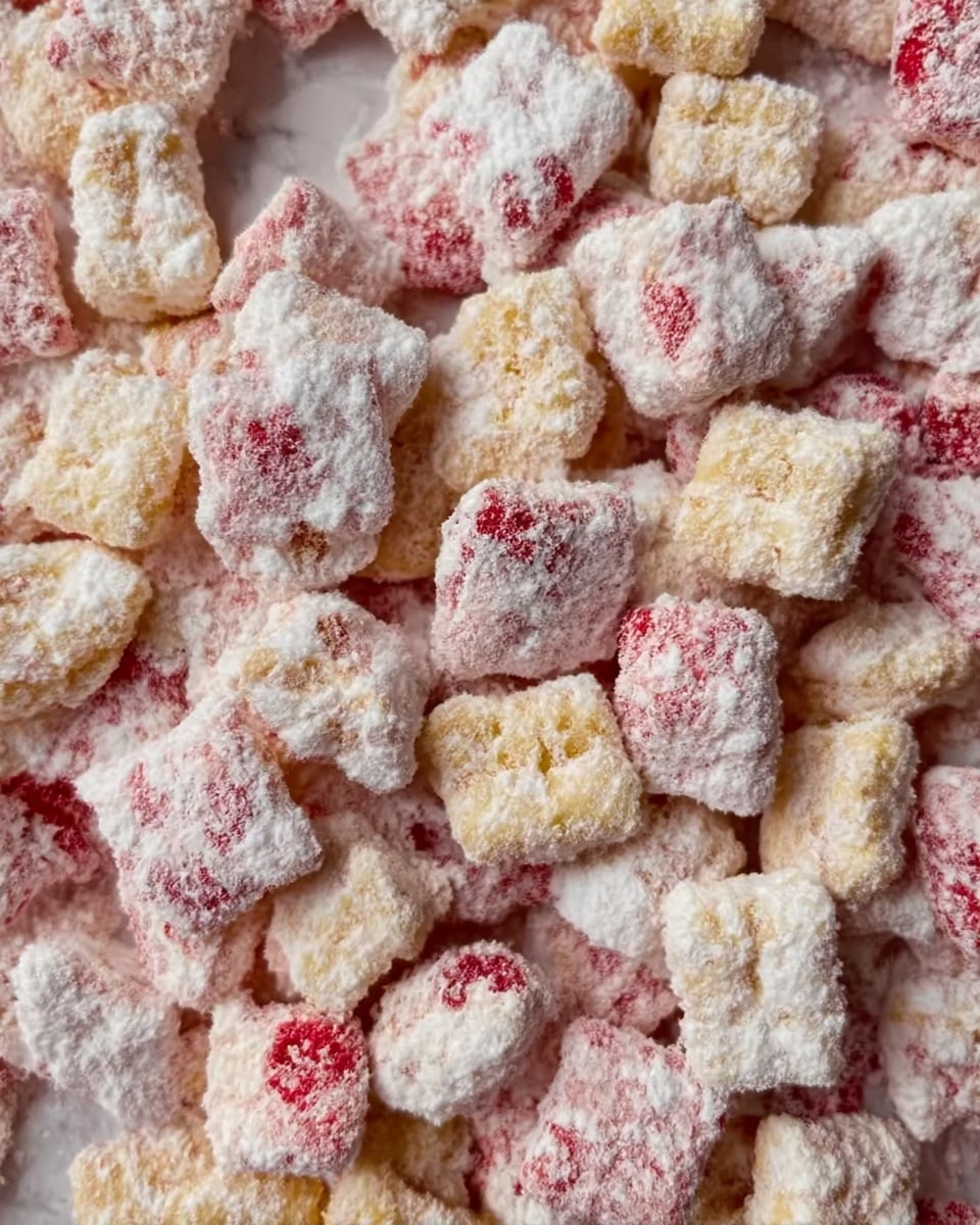 The image shows a close-up view of small square cereal pieces coated with a white powdery substance, giving the texture a rough but soft appearance. The cereal cubes have a mix of colors including light yellow, pink, and red shades scattered evenly throughout the clusters. The powder coating covers each cube almost fully, making the mixture look fluffy and dusty. The background is a white marbled texture, enhancing the visibility of the cereal pieces. Photo taken with an iphone --ar 4:5 --v 7