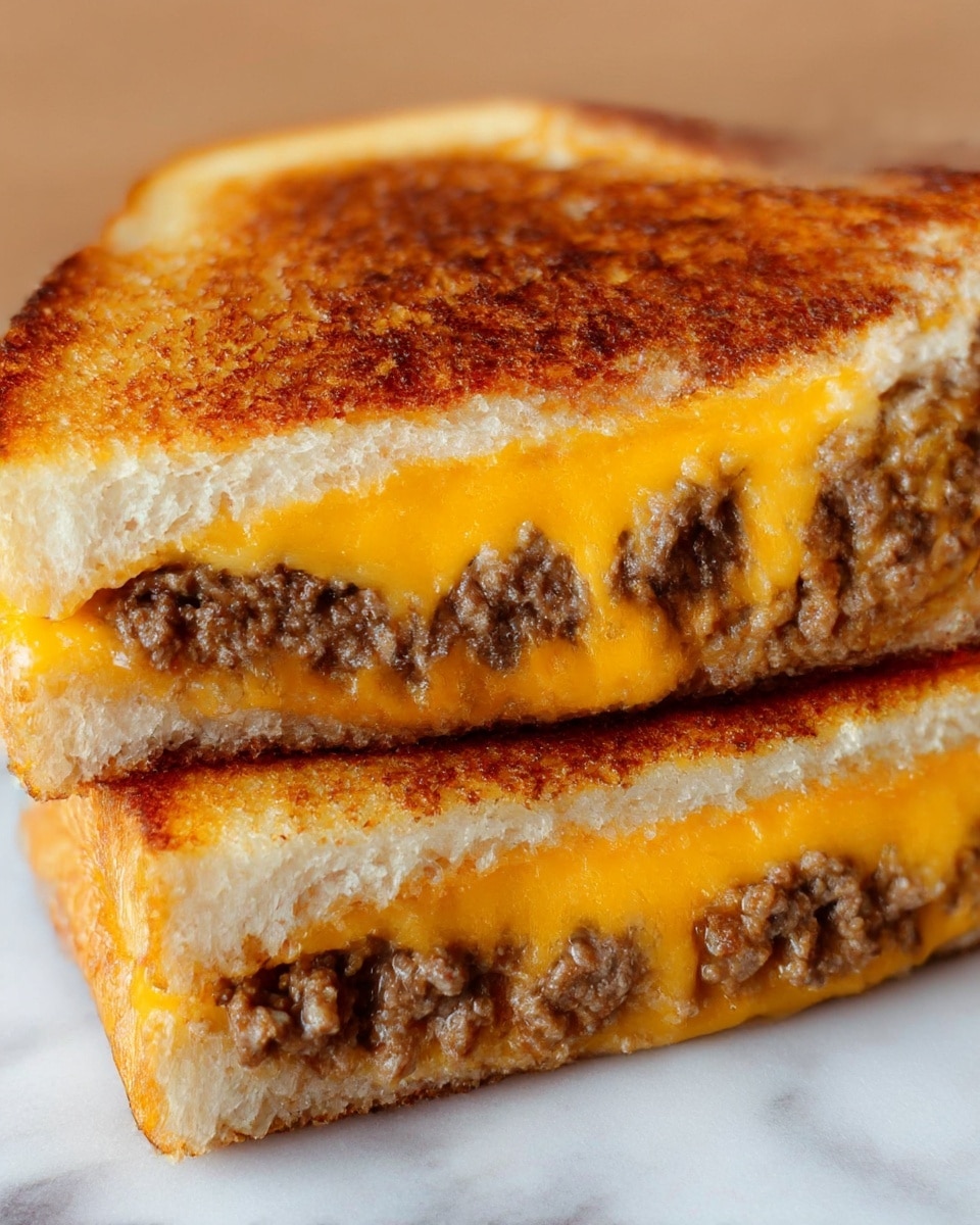 The image shows a close-up of a grilled sandwich cut in half, with two thick layers of bright orange melted cheese and a middle layer of cooked ground beef that looks juicy and crumbly. The bread is toasted to a golden brown with a crispy texture on the outside, while the inside edges of the sandwich reveal the soft white bread. The sandwich halves are stacked on top of each other at a slight angle, placed on a white marbled surface. Photo taken with an iphone --ar 4:5 --v 7