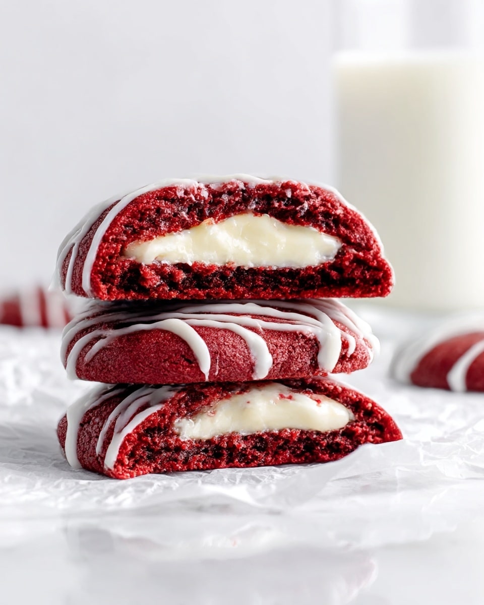 The image shows two thick, soft red velvet cookies stacked on top of each other on a silver cooling rack placed over a white marbled surface. Each cookie is rich red in color with a moist, cake-like texture and has a smooth, creamy white filling layer inside that is visible where the cookies are cut. Both cookies are drizzled with thin white icing lines on top, adding a contrasting texture and color. In the background, there are more whole red velvet cookies slightly out of focus, also showing the white icing drizzle. The overall setting is bright and clean with a minimalistic white marbled texture background. Photo taken with an iphone --ar 4:5 --v 7