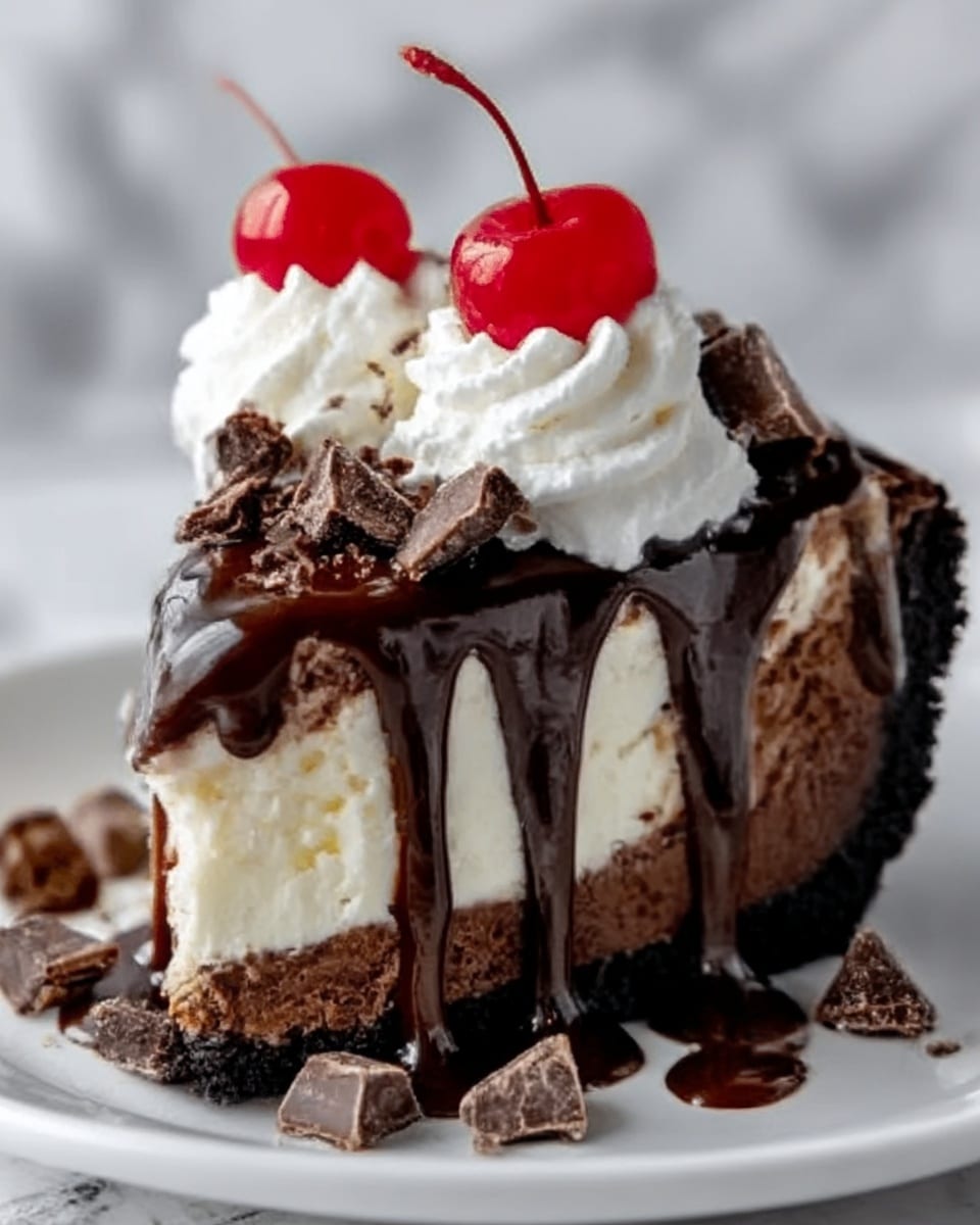 A slice of layered dessert on a white plate shows a dark chocolate crust at the bottom, topped with a thick creamy vanilla layer. Over the cream, thick dark chocolate sauce drips down the sides. On top, there are two dollops of white whipped cream, each with a bright red cherry, and chunks of chocolate scattered around. The background has a soft white marbled texture. photo taken with an iphone --ar 4:5 --v 7