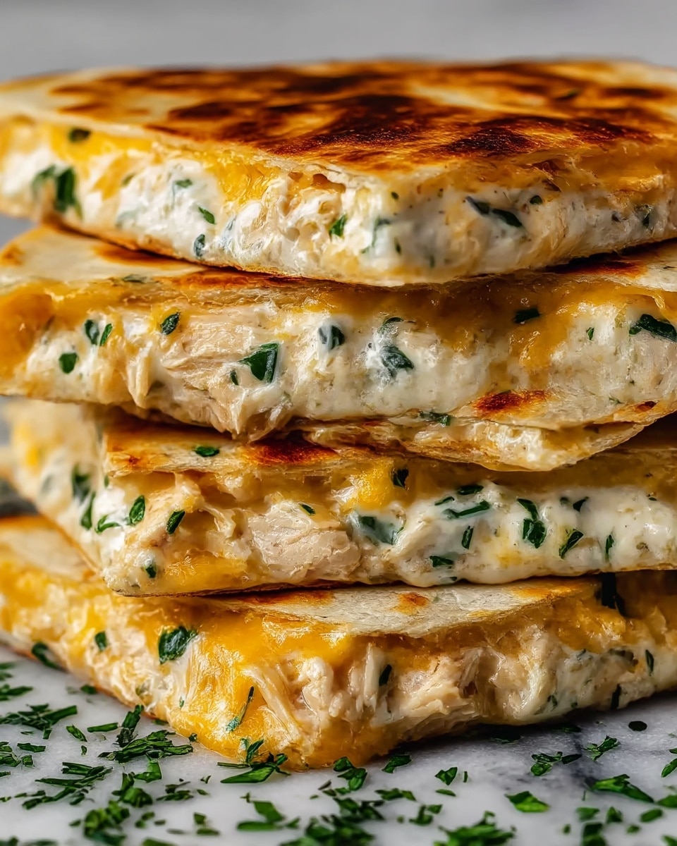 The image shows a close-up of a stack of four golden-brown quesadilla slices, with crispy, slightly charred outer tortillas on the top and bottom of each slice. Inside, there are two main layers: a creamy white cheese layer mixed with green herbs, and a melted orange cheese layer blended with shredded chicken and more green herbs. The filling layers are thick and gooey, oozing out slightly from between the tortillas. The quesadillas sit on a surface covered with finely chopped green herbs, all set against a white marbled texture. photo taken with an iphone --ar 4:5 --v 7