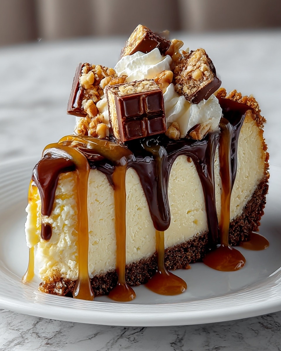 A thick slice of creamy white cheesecake with a crumbly, dark brown crust at the bottom sits on a white plate on a white marbled surface. The cheesecake is covered with a rich, shiny chocolate sauce and golden caramel sauce that drips down the sides in thick streams. On top, dollops of white whipped cream hold several chunks of a nutty, crunchy candy bar layered with caramel and chocolate pieces, sprinkled lightly with chopped nuts. The photo taken with an iphone --ar 4:5 --v 7