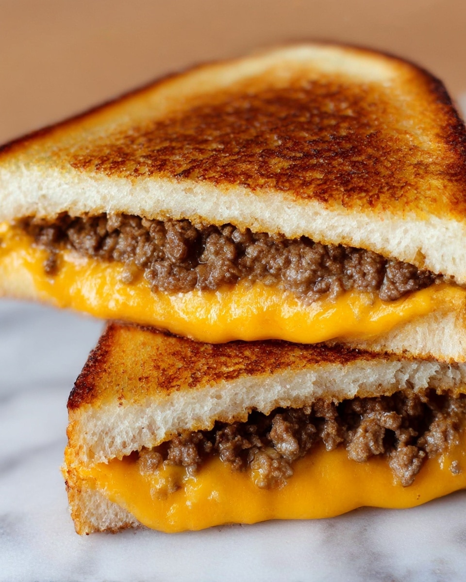 The image shows a close-up of a grilled sandwich cut in half and stacked slightly on top of each other. The sandwich has two thick slices of slightly toasted white bread with a golden brown crust and a soft, fluffy interior. Inside, there are two layers of bright orange melted cheddar cheese, smooth and gooey, sandwiching a layer of crumbly, browned cooked ground beef that looks juicy and well-seasoned. The sandwich rests on a flat surface with a light, neutral tone, creating a simple and warm visual appeal. photo taken with an iphone --ar 4:5 --v 7