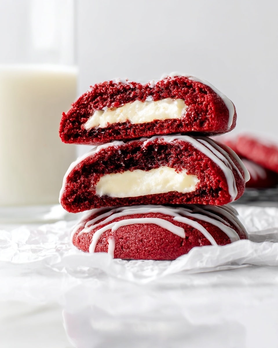 The image shows two thick, soft red velvet cookies stacked on top of each other on a metal wire rack with a white marbled surface below. Each cookie has a deep red, moist outer layer, and inside there is a creamy white filling visible from the cut edges. The top cookie is drizzled with thin white icing lines that run across it evenly. In the background, there is a blurred glass of milk against a white marbled texture, adding a cozy feel to the scene. photo taken with an iphone --ar 4:5 --v 7